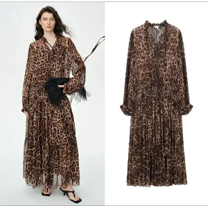 Vestido largo de manga larga de leopardo de lyocell y algodón para mujer, estilo vintage de resort, con cintura ajustada y falda acampanada