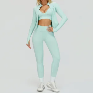 3-Piece Seamless Women's Yoga Set, Slim-Fit High-Waist Fitness Leggings Top and Jacket, Quick-Dry Running Outdoor Sportswear