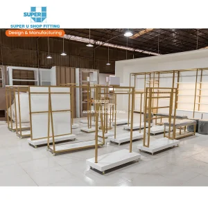 Fashion Clothing Store Shelf Design Clothing Store Decoration Gold Stainless Steel Shelf With Light