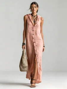 Vestido maxi sem mangas com capuz e botões na frente para mulheres