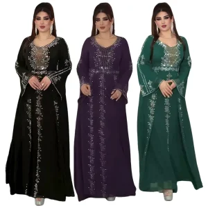 عباءة شيفون سوداء مزينة بالكامل بالخرز، فستان ماكسي بأكمام واسعة ومخصر للنساء المسلمات، فستان رسمي لحفلات الزفاف في الشرق الأوسط، جلباب بحجم زائد