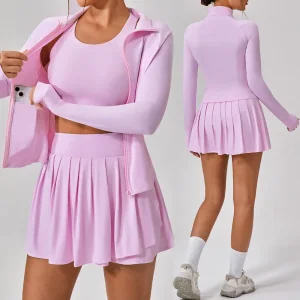 3PCS Novas Roupas de Exercício de Golfe com Design Fofo para Mulheres, Sutiã Esportivo + Vestido de Tênis com Shorts + Jaqueta Atlética com Zíper e Bolsos Anti UV