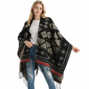 High Quality Thick Wool Geometrical Pattern Women's Winter Poncho Sweater Coat Cloak With Reversible Design Windproof Features