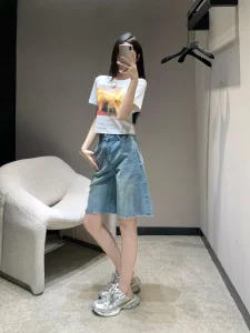 High-Waisted Logo Embroidered Denim Shorts