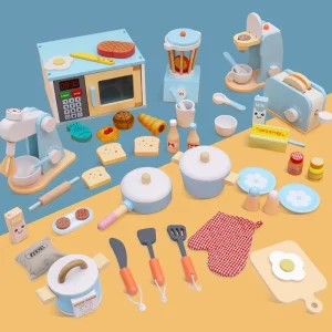 Children's Wooden Simulation Kitchen Food Toys Play Suit Microwave Oven Coffee Maker Bread Maker Juicer Packaged Box Ages 5-7