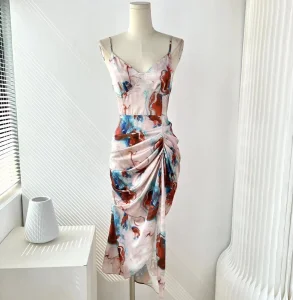 OEM Mayorista Ropa Personalizada Algodón Verano Mujeres Dama Estampado Floral Cuello en V Sexy Vintage Ajustado Sin Mangas Chifón Satén Logo de Marca Impresión Digital Vestidos