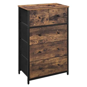 Estructura de metal, parte superior de madera, cómoda de cajones, almacenamiento de tela, mesita de noche