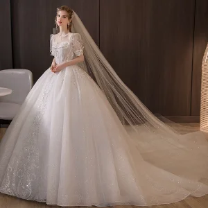 Vestido de novia A-Line de organza con cuentas y cola de capilla Blingbling