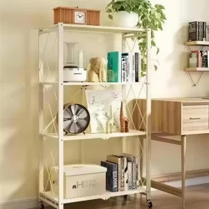 Four Layer Collapsible Storage Shelf on Wheels with Mesh Shelving for Laundry Room and Garage Organization Applications