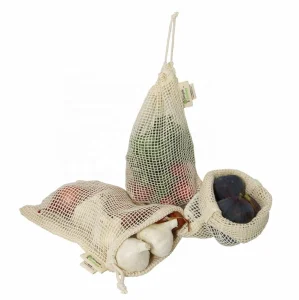 Logo Custom Printing Produce Cotton Mesh Bags with Drawstring Washable Reusable Mesh Net Recyclable Eco Friendly Biodegradable