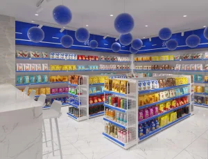 Metallic Heavy Duty Grocery Pharmacy Display Rack Mini Store Shelf Gondola Supermarket Shelves White Shop Display Stand 18