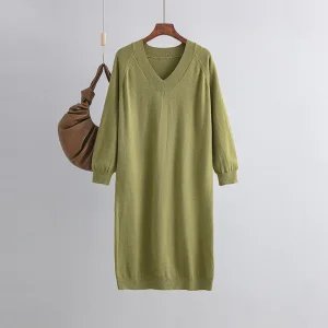 Vestido de malha solto de tamanho grande com decote em V casual para mulheres, outono e inverno