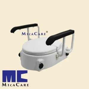 Height Adjustable Raised Toilet Seat with Rollover Safety Handrail and Removable Lid