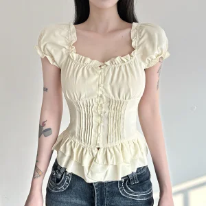 Women's French Style Pleated Puff Sleeve Blouse