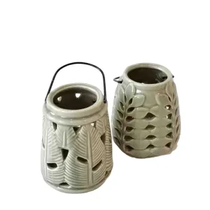 China Artistic Celadon Leaf Vein Cutout Ceramic Candle Holders with Handles Manufacturer, Exporter