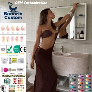 OEM 2026 New Bandeau Cutout Slit Non-Slip Beach Swim Dress Sexy One-Piece Maxi Dress Solid Slim-Fit Resort Bathing Suit Cover up