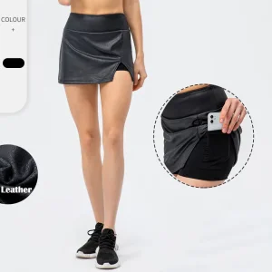 Nova Saia Esportiva Justa Preta com Fenda 2 em 1 Saia de Tênis Feminina com Shorts