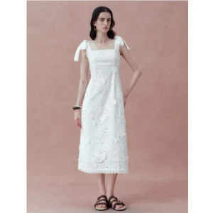Vestido de Verão Feminino de Lazer Atacado Marca Algodão Bordado Tecido Laço no Ombro Vestido Longo para Uso Casual Diário