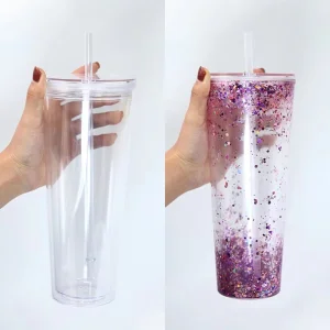 DIY Snowglobe Tumbler with Pre Drilled Hole 24 Oz Clear Acrylic Plastic Double Wall Tumbler Cup with Lid and Straw