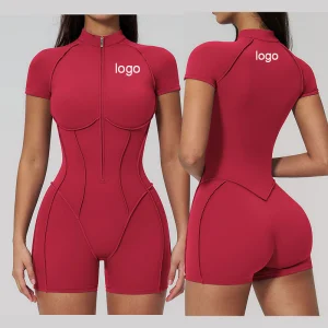 High Quality Custom Zipper Summer Gym Fitness Stand Collar Half Zipper Yoga Bodysuit Sportswear Workout Shorts Jumpsuit