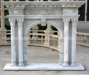Hand Carved Arched White Marble Fireplace Natural Stone Mantel with Column Pillar (SYMF-241)