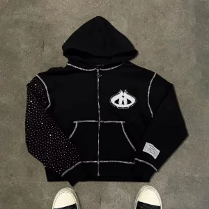 Luxury Spring Cotton Patch Zipper Hoodie for Men Customized Logo Oversized Embroidery Hoodie Streetwear Rhinestone Zip up Hoodie