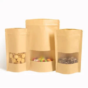 Eco Friendly Compostable Kraft Paper Stand up Pouch with Resealable Zipper and Window for Snack Coffee Tea Nut Food Packaging