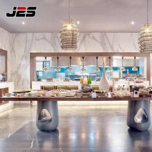 Resort Commercial Restaurant Furniture Long Wood Table Sculptural Base Rattan Pendant Light Buffet Area