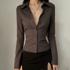 Retro Striped Brown Office Blouse
