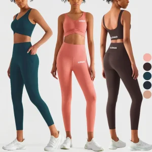 Wholesale Clothing Sports Wear Athletic Activewear Push up Ruched Scrunch Front Sports Bra High Waisted Power Pockets Leggings Gym Women Yoga Set