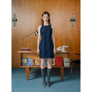 Wholesale Custom Designer Style Round Neck Sleeveless Denim Dress Women Summer Elegant Waist Cinched A Line Tank Mini Skirt Apparel