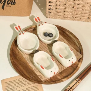 Playful Hopping Bunny Dipping Dish - Ceramic Sauce Bowl with Underglaze Garden Patterns
