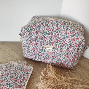 100% Organic Cotton Beauty Purse Girl Accessories Floral Large Cosmetic Bags Quilted Pattern Toiletry Travel Pouch