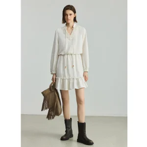 Vestido de Verão Feminino de Lazer Atacado com Saia de Babados, Cintura Elástica, Vestido de Camisa de Linho para Uso Casual e Oficial