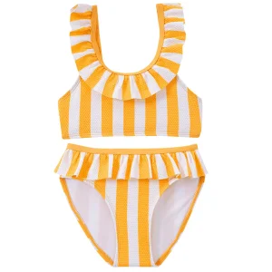 High Quality Children Girl Swimsuit Kid Teen Split Stripe Print Swimwear Yellow and White Stripe Beachwear