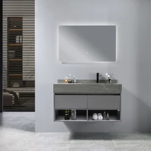 Modern Wall Solid Wood Floating Stone Bathroom Furniture Vanity with Single Sink