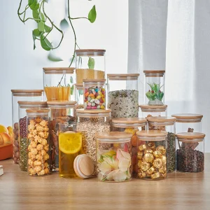 Environmental Kitchen Clear Glass Food Storage Jars Container with Airtight Bamboo Lid