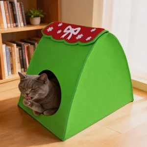 Foldable Collapsible Felt Cat Cave Bed Triangle Green Pet House Semi Enclosed Warm Cozy Indoor Kitten Shelter