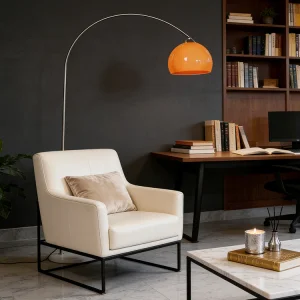 Arc Floor Lamp Orange Glass Shade Stainless Steel Curved Standing Lamp for Living Room Reading Corner Modern Home Decor Lighting