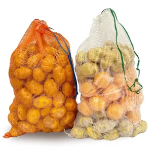 Saco de malha em vermelho, amarelo e laranja com cordão, durável em PE, embalagem clara para cebolas, alho e batatas