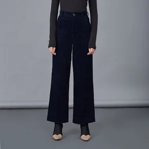 Women Custom Vintage Wide Leg Pants Casual Baggy Corduroy Navy Blue Trousers