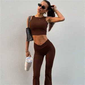 Fashion Two Piece Set Women Casual Suit Tank Crop Top Sleeveless Top Slim Bodycon Pants Leisure Sports Wear