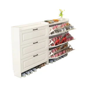 White Modern Shoe Storage Cabinet with 3 Flip Drawers Wood 3-Tier Shoe Rack Storage Organizer for Entryway Hallway Bedroom