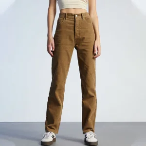 Women New Brown Fleece Corduroy Korean Style Straight Cargo Trousers High Waist Streetwear Pants for Women