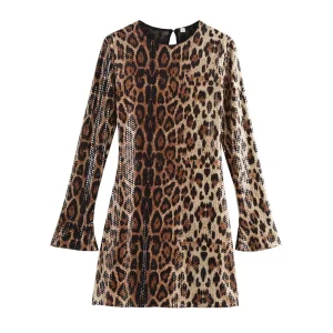 MYST&amp;ZA Women's Clothing 2024 Summer New Fashion Sexy Animal Pattern Round Neck Long Sleeve Sequin Hip Dress