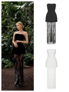 Women's Elegant White Strapless Two-Piece Outfit-Structured Fitted Top Floral Sheer Lace Maxi Skirt for Weddings Formal Events