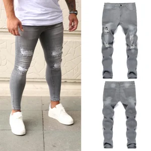 Men's Torn Elastic Leg Cropped Jeans with Torn New Trend Hit