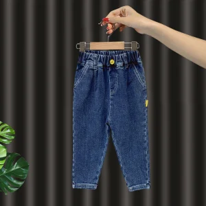 Jeans finos de outono e inverno para meninos, versáteis para sair e com forro de fleece