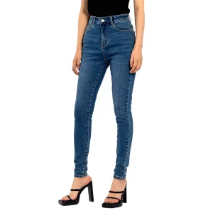 Calças Jeans de Denim Escuro Sub Clássico de Cintura Alta Stretch Skinny para Mulheres