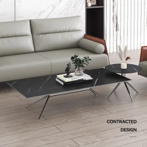 Italian Modern Design Black Rectangle Round Office Sofa End Table With Slate Marble Table Top